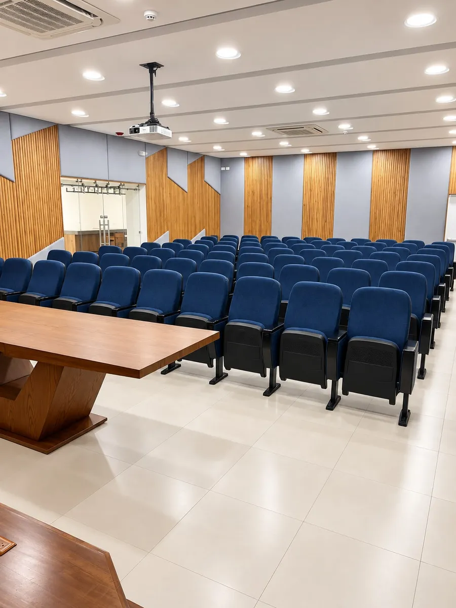 Sala del auditorio con las butacas montadas y la mesa de presidencia al frente.