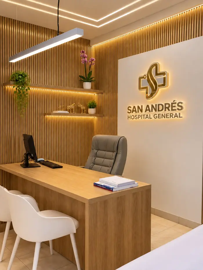 Un consultorio de consulta externa, con el logotipo del hospital en la pared.