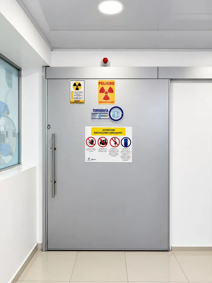 La puerta de la sala de tomografía, con su señalización de radiación.