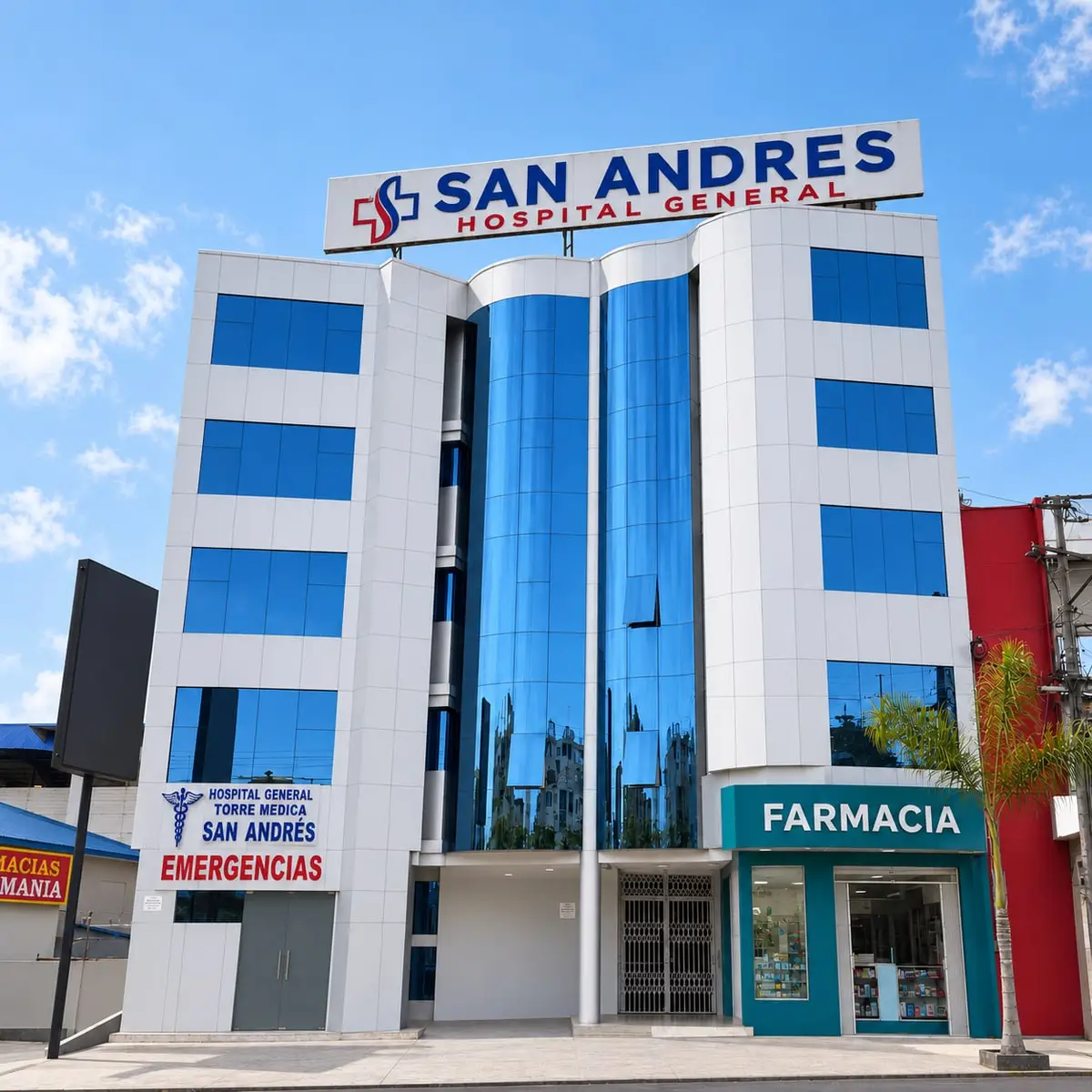 Fachada del Hospital General Torre Médica San Andrés, con su rótulo sobre el edificio