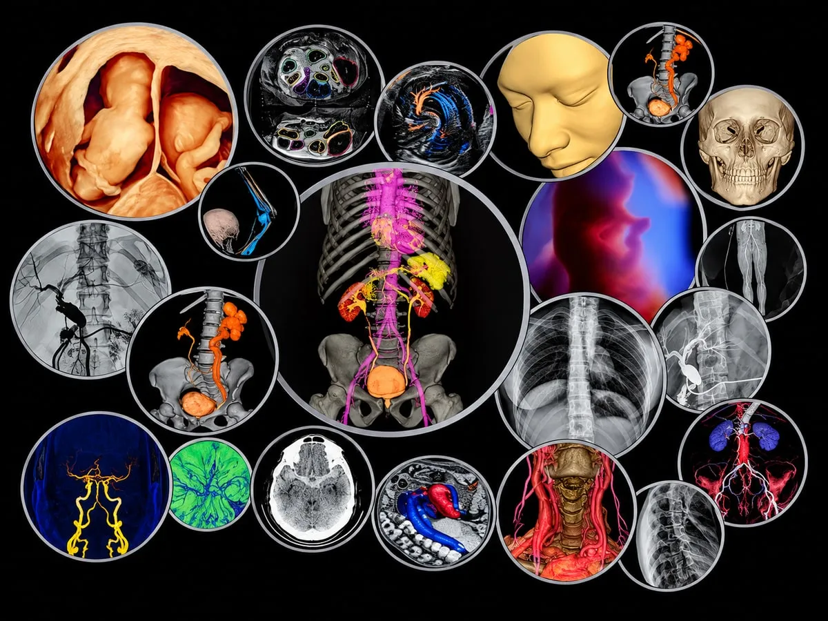 Un mosaico de estudios de diagnóstico por imagen: ecografías, radiografías y tomografías.