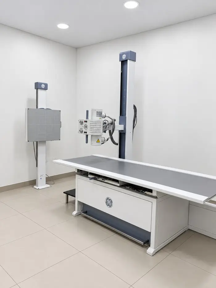Sala de rayos X, con el equipo y su mesa de exploración.